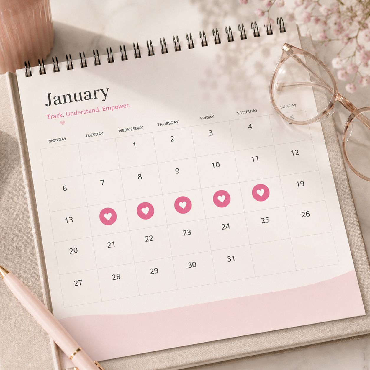 A desk calendar for January, with heart decals on the third week, surrounded by a pen and a pair of glasses